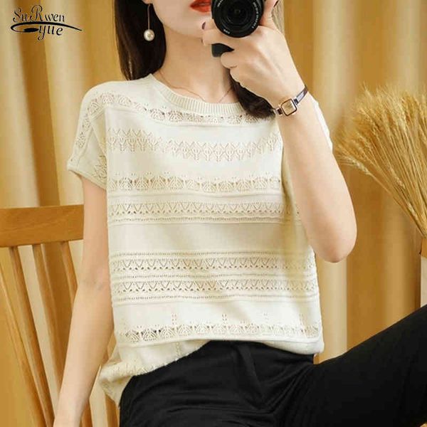 

summer cotton shirts women round neck pullover knitwear clothing plus size casual sweater short sleeve tees 14642 210521, White