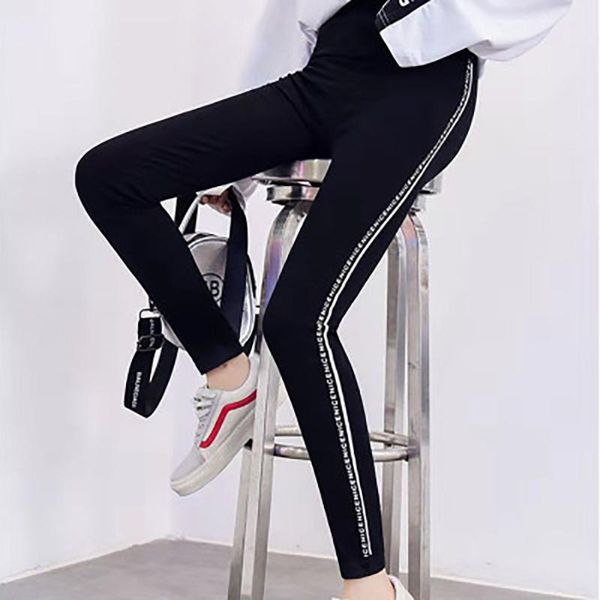 

women's leggings 2021 spring and autumn solid color high waist side striped sports fitness pants outer wear, Black