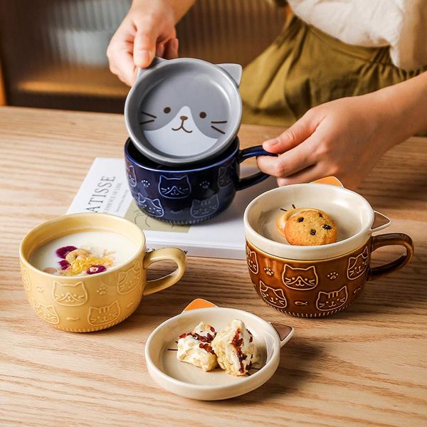 

mugs japanese ceramic cartoon cat mug cute breakfast milk cup creative coffee with lid couple water the gift for friends
