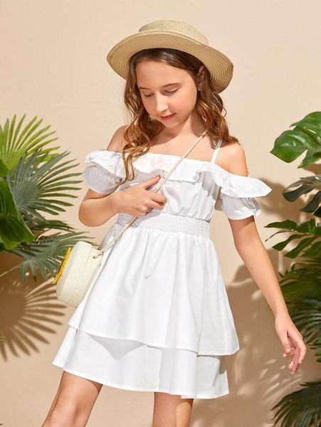 

girls cold shoulder shirred waist dress she, Red;yellow
