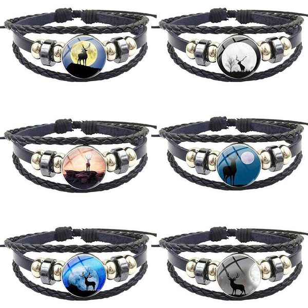 

charm bracelets for women handmade girls vintage jewelry glass cabochon yoga black leather bracelet bangle deer and the moon, Golden;silver