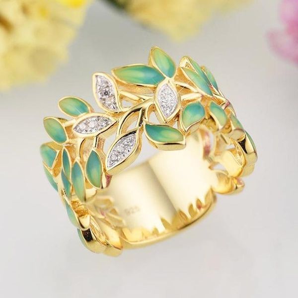 

gorgeous vine design green leaves yellow gold finger rings luxury wedding band dazzling crystal engagement jewelry z3m388 cluster, Golden;silver