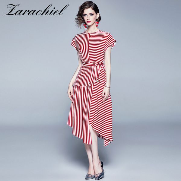 

dropped shoulder sleeve asymmetric shirt summer vintage office lady sashes red striped print casual midi party dress 210416, Black;gray