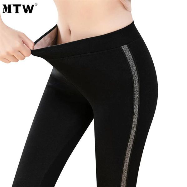

women's leggings 2021 winter high waist thick warm women cotton velvet casual slim side stripes sporting pants, Black