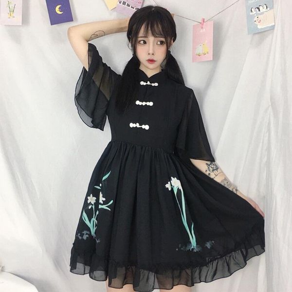

japanese vintage floral short sleeve white es women summer lolita cosplay harajuku cute chiffon black cheongsam fairy, Black;gray
