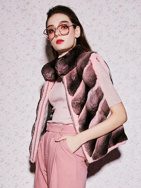 

women's fur & faux arlenesain 2021 custom real chinchilla pink vest, Black