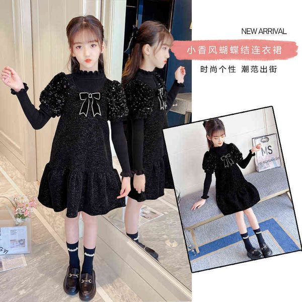 

autumn winter girls dresses black sequin puff sleeve vest dress with bow ruffle thicken princess dress for 3-12 years baby girls g1218, Red;yellow
