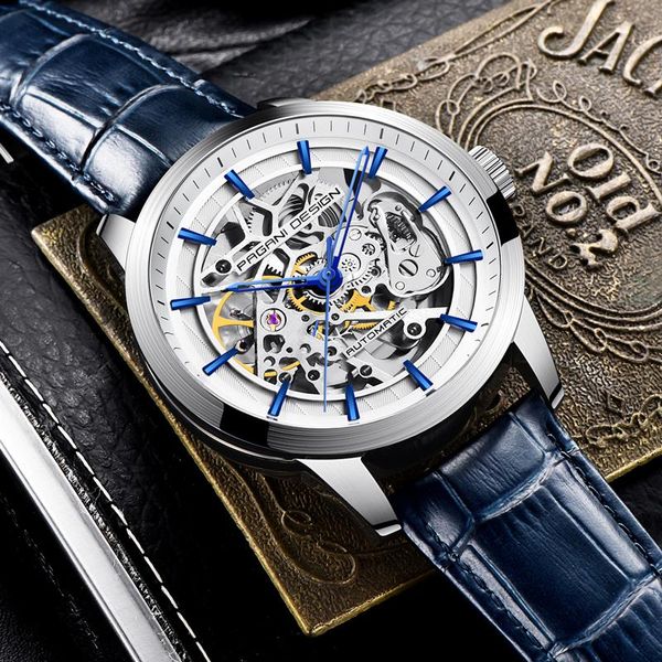 

brand fashion leather gold watch men automatic mechanical skeleton waterproof sport watches for man gift wristwatches, Slivery;brown
