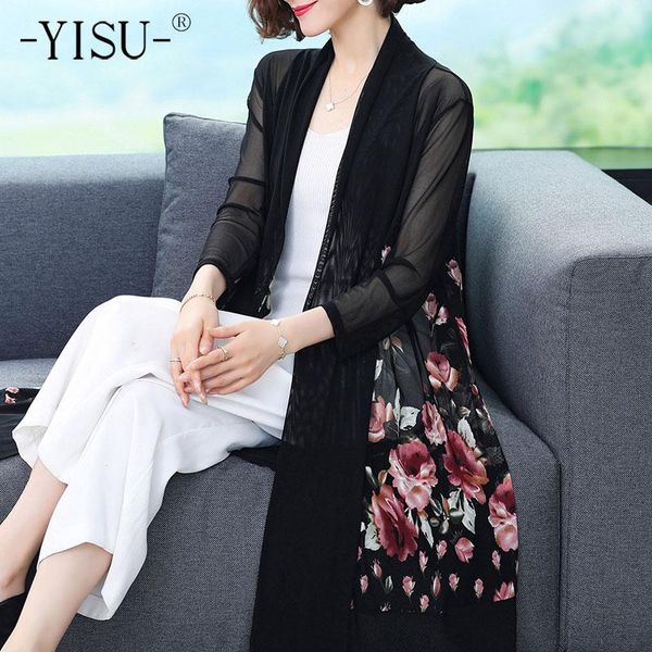 

women's knits & tees yisu long printing women summer jacket female sleeve sun protection clothing ladies perspective loose sunscreen ca, White