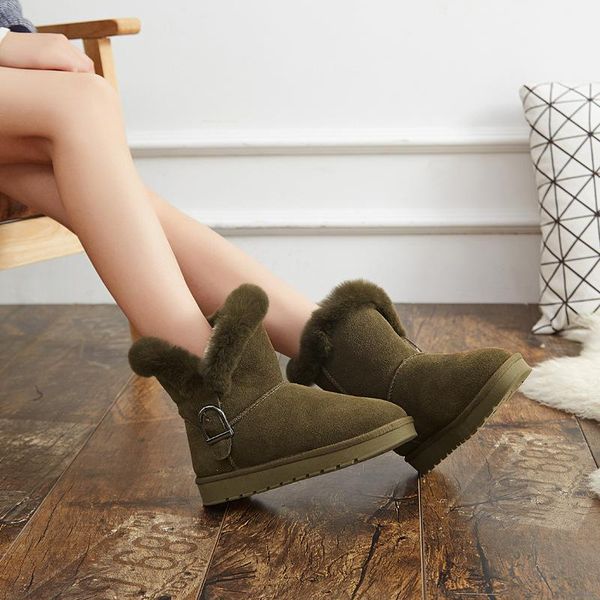 

boots women buckle snow fur botas mujer winter wool fashion ankle shoes for warm genuine leather, Black