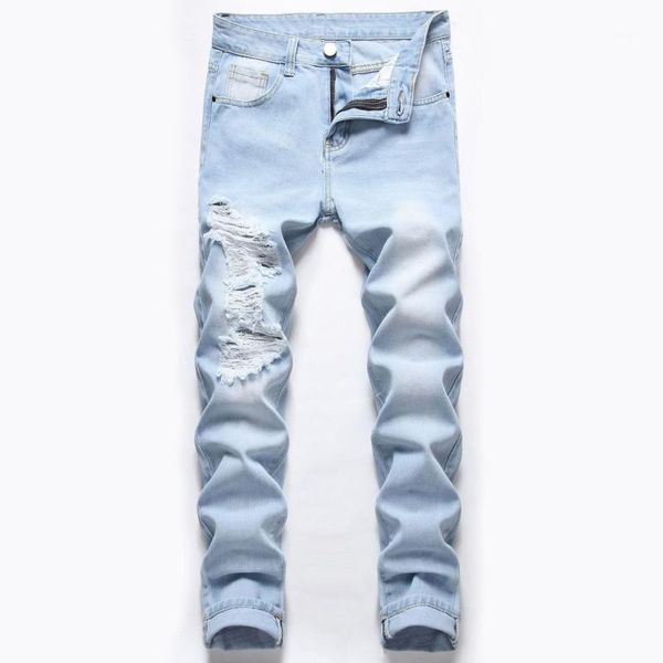 

men's light blue ripped jeans youth slim beggar