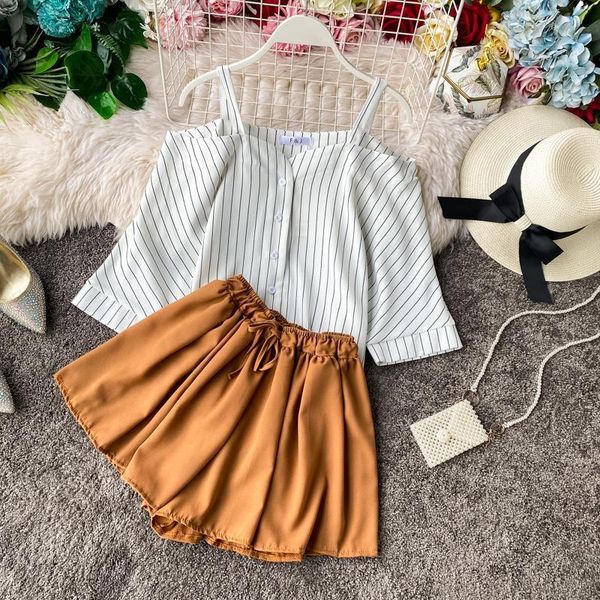 

two piece dress striped shirt + shorts women 2 set casual and summer beach outfits off-shoulder blouse, White