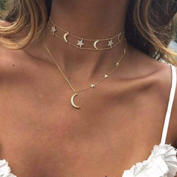 

chains women's necklaces multi-layered stars moon diamonds geometric clavicle chain necklace jewelry on the neck choker collares, Silver