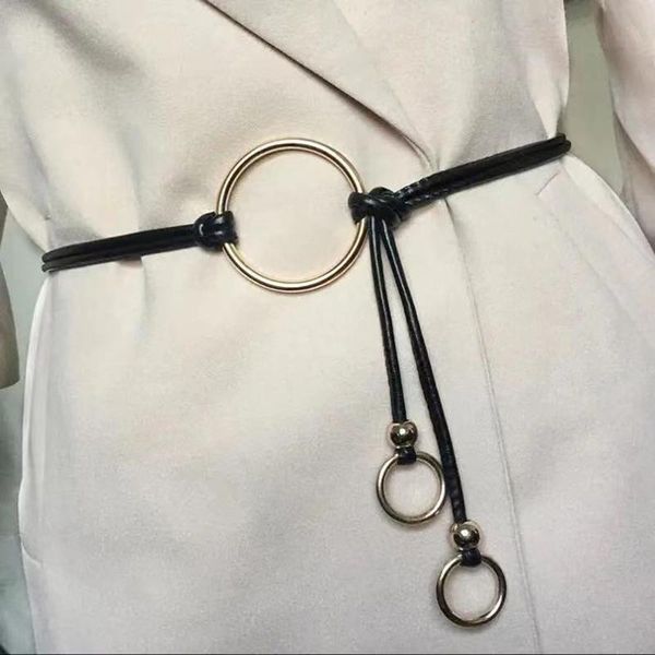 

belts multicolor thin fashion women belt golden circle buckle pu can be knotted waist strap all-match dress casual female punk, Black;brown