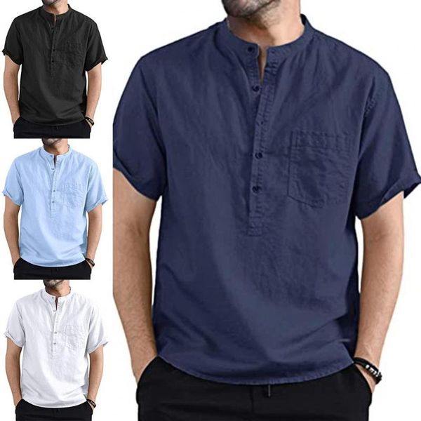 

men's casual shirts 2021 blouse men shirt stand collar short sleeve cloth solid color handsome summer clothing, White;black