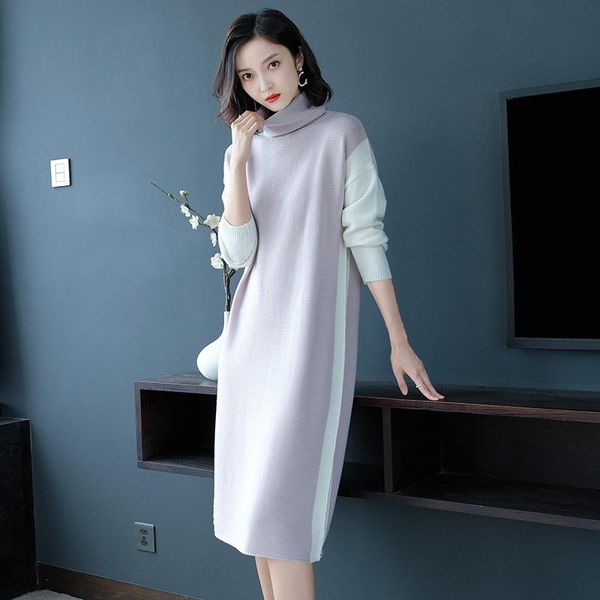 

casual dresses turtleneck knitted sweater cashmere dress 2021 women's autumn winter multicolor long sleeve loose wool, Black;gray