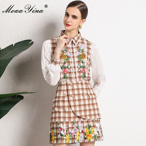 

summer runway fashion plaid print suit women long sleeve casual blouse and mermaid skirt 2 pieces short skirts set 210524, White