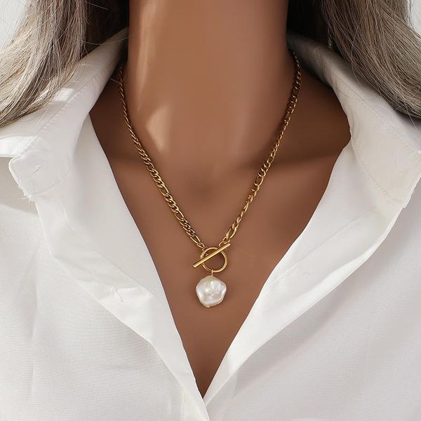 

chains net celebrity coldness necklace female baroque natural pearl pendant trend stainless steel real gold plated clavic 510530, Silver