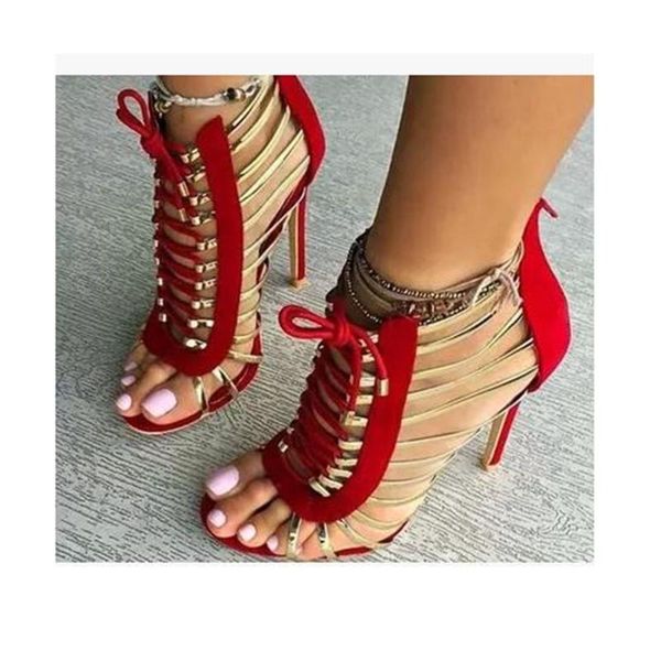 

sandals peep toe metal thin heels sandles design women hollow out gold decoration red valentine party dress shoes, Black