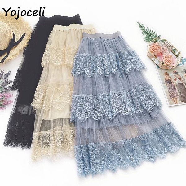 

skirts yojoceli 2021 summer lace patchwork skirt big pendulum mesh bottom women party club midi, Black
