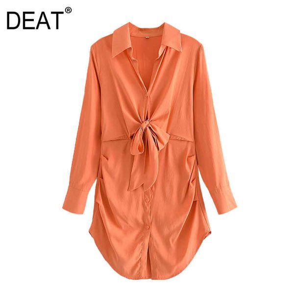 

[deat] summer fashion turn-down collar high waist long sleeve solid color loose simple mini dress women 13q148 210527, Black;gray