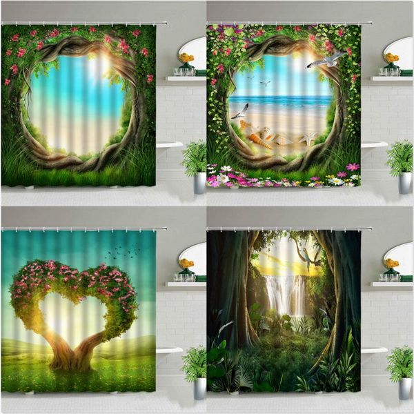

shower curtains spring scenery dream forest sunlight beach waterfall curtain flowers green plant tree landscape home bathroom