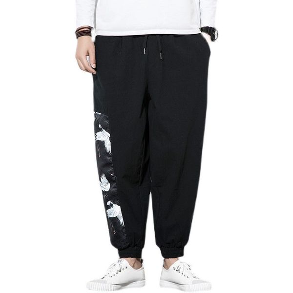 

chinese style summer plus size casual retro pants men's cotton and linen harem personality stitching beam, Black