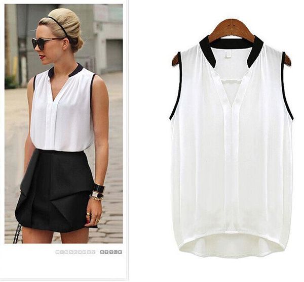 

women's blouses & shirts 2021 women summer fashion sleveless blouse v-neck chiffon shirt casual loose, White