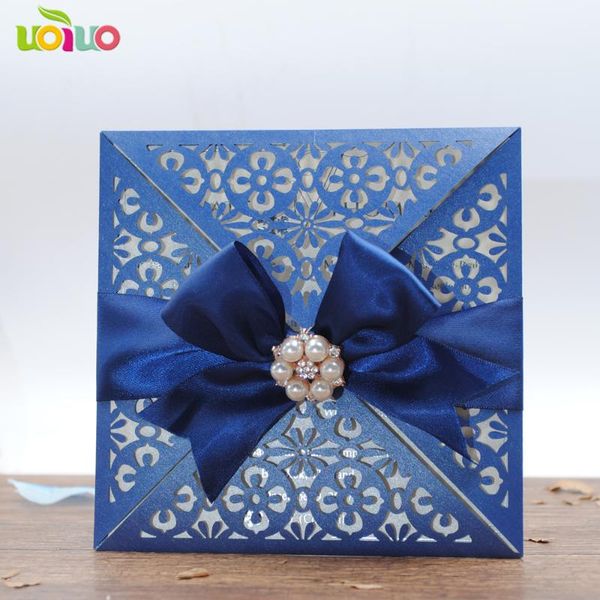 

greeting cards diy 25set customize inc244 four-side open laser cut wedding invitation card +tied bow+big rhinestone+printing card+envelope s