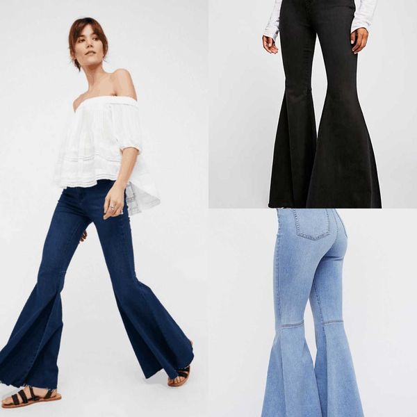 

women's jeans style flared with big legs, high waist buttos, slim women's and trousers, Blue