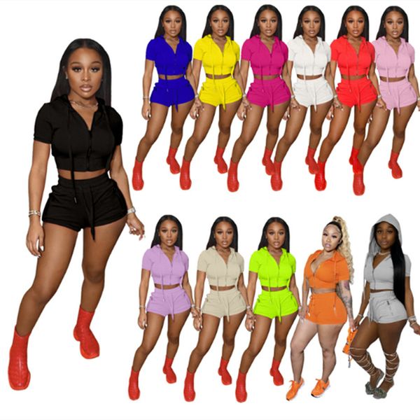 Atacado verão casual shorts ternos mulheres tracksuits Dois peça conjunto Outfits Sexy Crop Top manga curta zíper Hooded Sportsuit Moda sólida roupas k8714