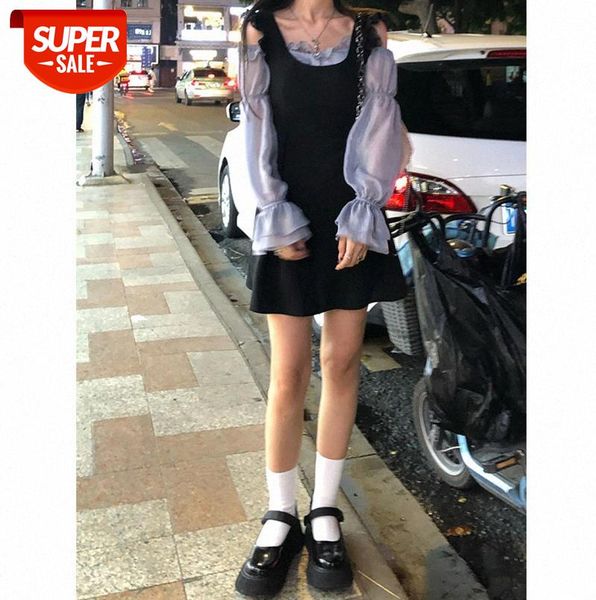 

korean style temperament sleeveless strap dress female waist slimming short skirt a-line college little black #ld30, Black;gray