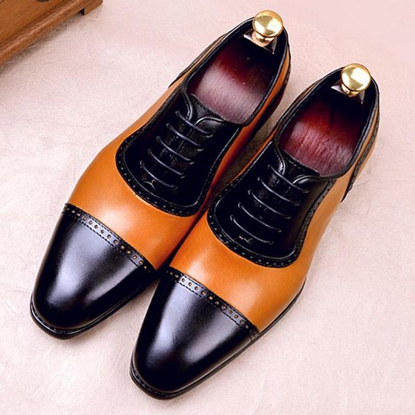 

dress shoes british genuine leather men's handmade wedding oxfords square toe medallion man formal semi brogues fwl119, Black