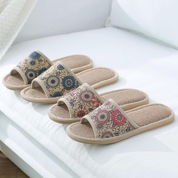 

female casual floral printed linen slippers all seasons four home for women couples floor, Black