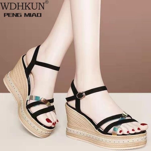 

sandals style women ankle buckle wedge woven soles fashion shoes thick-soled summer open-toe woman txv7, Black