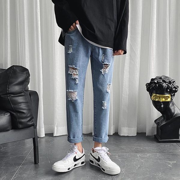 

men's jeans ripped fashion washed retro casual loose straight hole jean pants men streetwear hip hop denim trousers mens, Blue