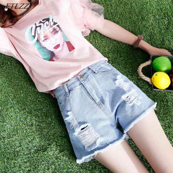 

high waist women hole vintage blue denim shorts summer casual female solid color loose fit jeans 210430, Black