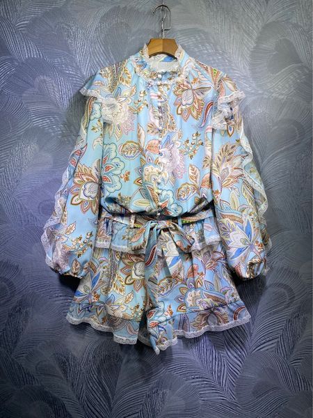 

Australia Spring High Quality Single-breasted Lace Printed Shirt + Shorts Set, White