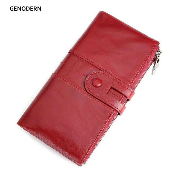 

wallets genodern rfid genuine leather women clutch male women's long wallet zipper purse coin men lady money phone bag, Red;black
