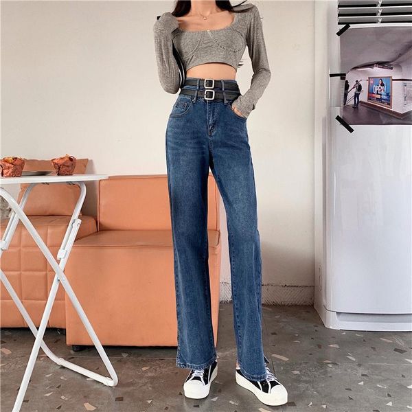 

straight high waist jeans women with belt plus size chic boyfriend wide leg denim maxi autumn 2021 mom women's, Blue