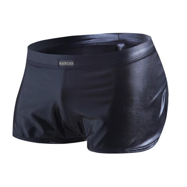 

underpants fashion plus size men boxers open crotch patent leather lingerie stage u convex pouch black shorts, Black;white