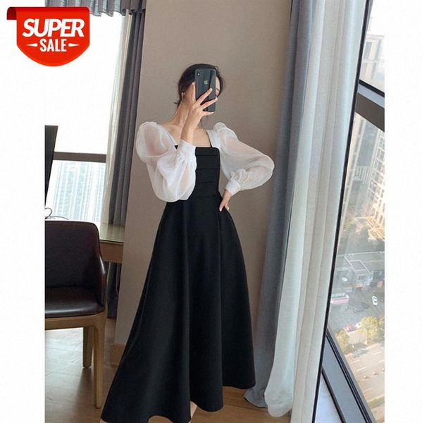 

net red and black dress women's french retro square collar puff sleeve temperament a-line skirt #bt9f, White;black