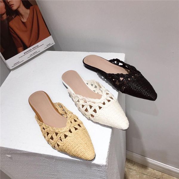 

solid color women's pointed toe low heel slippers summer woven rattan grass sandals beach shoes flat slides mules, Black