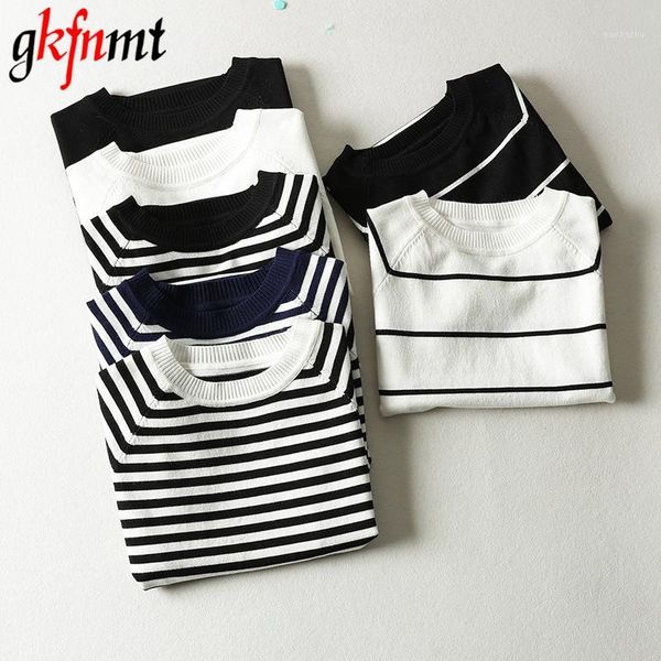 

women's sweaters summer short sleeve striped pullover women sweater knitted 2021 o-neck korean pull femme jumper female white black