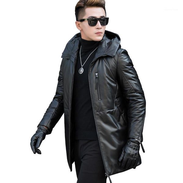 

men's leather & faux genuine jacket90% white duck down jacket men hooded winter coat real sheepskin jackets t6070 my735, Black