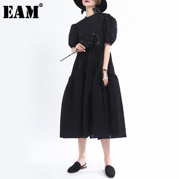 

[eam] women black brief elegant long dress round neck short puff sleeve loose fit fashion spring summer 1u487 21512, Black;gray