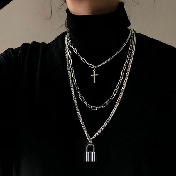 

Pendant Necklaces 2021 Fashion Unisex Multilayer Hip Hop Long Chain Necklace For Women Men Jewelry Gifts Key Cross Accessories, Silver