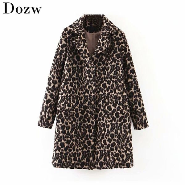 

women fashion leopard long coat winter turn down collar pockets thicken warm jacket sleeve streetwear outwear manteau femme 210515, Black