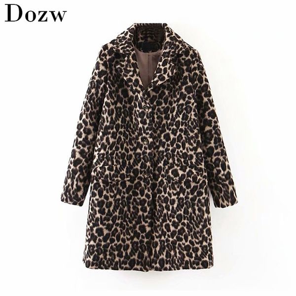 Moda Feminina Leopardo Casaco Longo Inverno Turn Down Gola Bolsos Espessura Jaqueta Quente Manga Streetwear Outwear Manteau Femme 210515