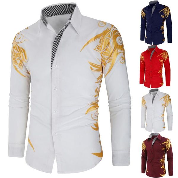

spring autumn features white shirts men fashion gold print shirt arrival long sleeve casual slim fit prom male 2021 men's, White;black